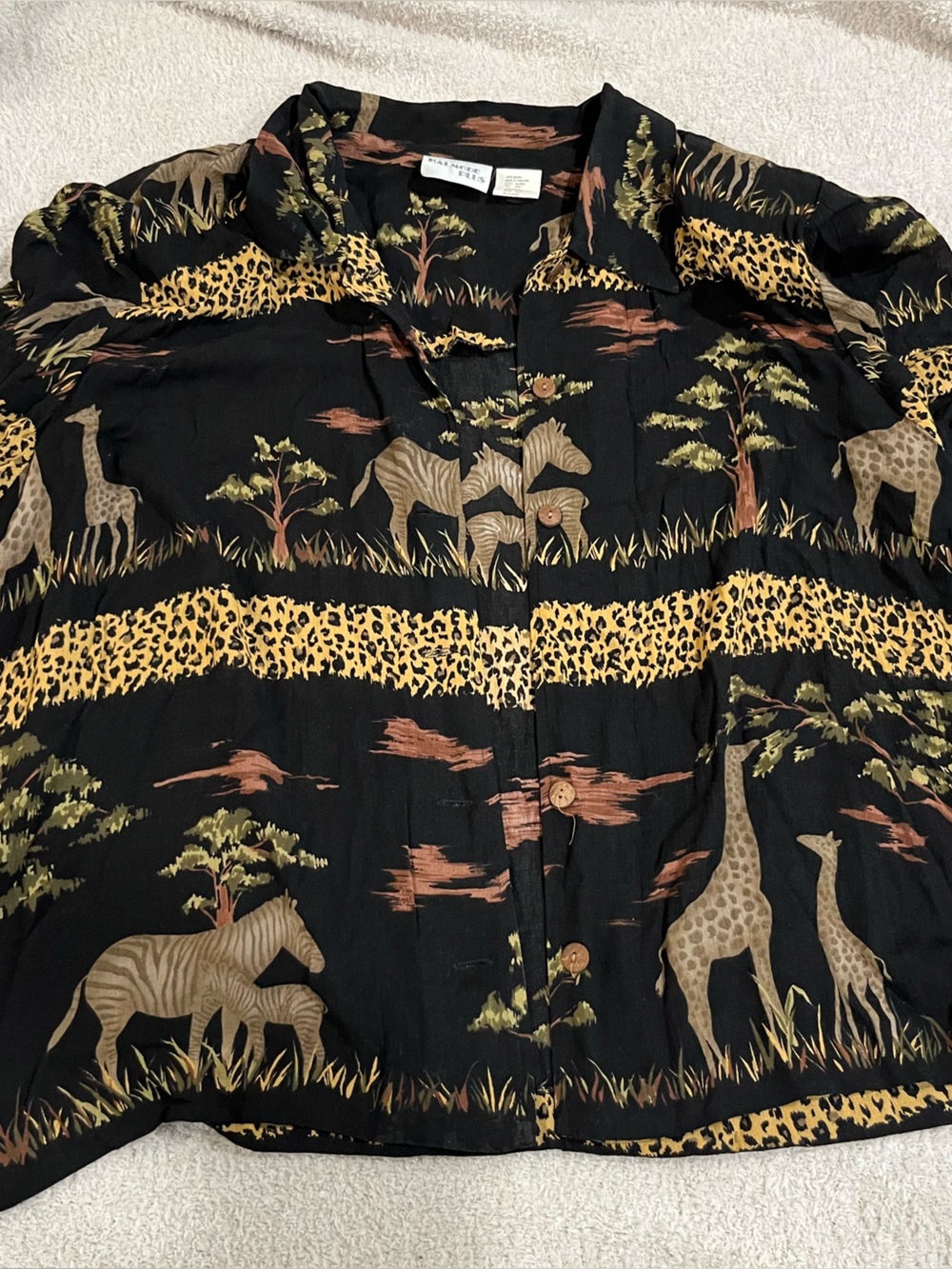 Vintage Black Safari Animal Print Button-Up Blouse halmode plus 22W